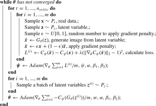 WGAN with gradient penalty training algorithm (Gulrajani et al. 2017). We use default values gradient penalty coefficient of $\lambda\,=\,10$, number of critic iterations per generator iteration $n_\rm{critic}\,=\,10$, batch size $m\,=\,64$ and Adam hyperparameters: $\alpha\,=\,0.00005$, $\beta_1=0.5$, $\beta_2=0.9$.