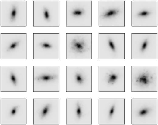 Examples of mock images (observed in the H-band) from the Horizon-AGN simulation that are used as training data. The images have a size of 64 × 64 pixels, and the pixel scale is 0.06 arcsec pixel−1.