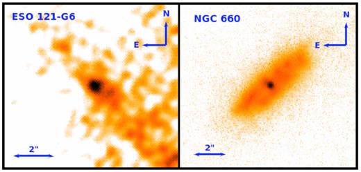 Gemini-South T-ReCS ($\lambda _{\rm mean} = 10.3 \, \mu$m) and VLT VISIR mid-IR ($\lambda _{\rm mean} = 8.7 \, \mu$m) images of ESO 121-G6 (left) and NGC 660 (right), respectively. The ESO 121-G6 image has been smoothed with a Gaussian function of radius 3 pixels (0.3 arcsec) for visual clarity.
