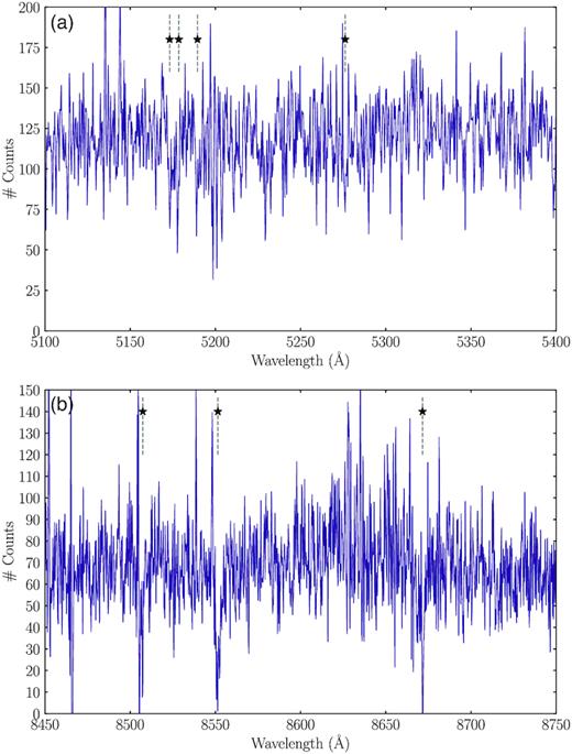 Typical reduced blue (panel a) and red (panel b) spectra. Panel a shows a star in field 19, with a heliocentric LOS velocity of ~344 km s−1; Mg ib lines (with rest wavelengths of 5167.3, 5172.6, and 5183.6 Å) and an Fe i/Ca i blend (with a rest wavelength of 5270.2 Å) are marked with stars and dashed grey lines, respectively. Panel b shows a star in field 18, with a heliocentric LOS velocity of ~334 km s−1; the Ca ii triplet (with rest wavelengths of 8498, 8542, and 8662 Å) is marked with stars and dashed grey lines. Clear sky-subtraction residuals are apparent in both spectra. The relatively low S/N of the spectra allows for derivation of LOS velocity estimates, but precludes detailed elemental abundance analysis.