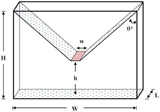 Schematic of the experimental container used for the piling experiments and simulations. Patterned surfaces are covered with fixed 1 mm glass beads. The container height H is 177 mm, the container width W is 126 mm, the container length L is 18 mm, the slot width w is 13 mm, the distance from the slot opening to the floor h is 56 mm, and the ramp inclination $\theta ^*$ is 50 deg.