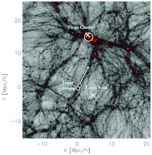 A rendering of the density field in a typical constrained simulation. The position of the observed Virgo cluster and the centre of the Local Void is demarcated by two white X’s. The large white circle shows the position of the simulated Virgo cluster, while the region surrounding the Local Void is also clearly empty. A white arrow shows the direction of the local filament as determined by the velocity-shear tensor analysis of the reconstructed local Universe in Libeskind et al. (2015). The filament direction is not perfectly aligned with the direction towards the Virgo cluster. The observed and simulated LG both reside at the super galactic origin, denoted by the two small white circles.