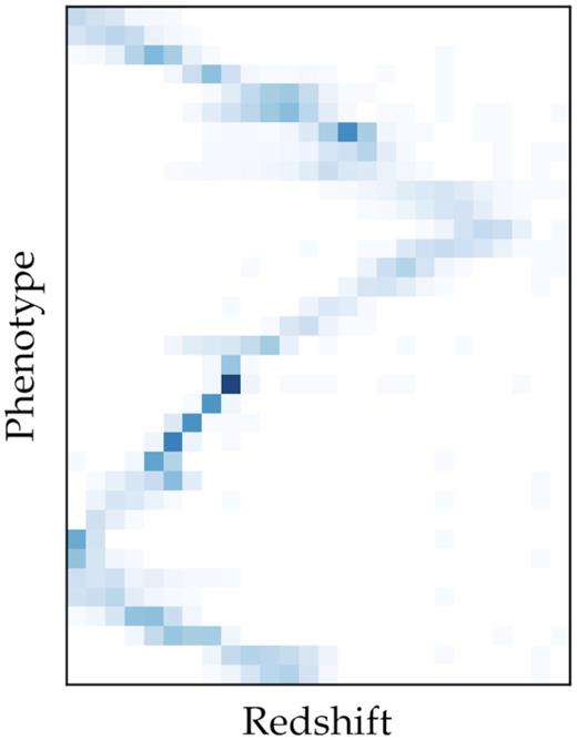 Graphical representation of the redshift and phenotype description of a galaxy population. The colour scale is the relative density fzt of galaxies as each combination of redshift z and phenotype t. Apparent is the correlation between phenotypes and redshifts: phenotypes are generally only allowed in a certain redshift range, and some phenotypes will have a tighter redshift distribution than others. This figure shows only a subsample of phenotypes, for easier visualization. The ordering of phenotypes is arbitrary.