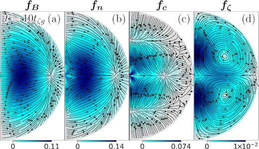 From left to right: Snapshot of (a) $\boldsymbol{f_B}$, (b) $\boldsymbol{f_\mathrm{ n}}$, (c) $\boldsymbol{f_\mathrm{ c}}$, and (d) $\boldsymbol{f_\zeta }$ for the simulation of Fig. 3 at t = 10tζg. Arrows represent the direction of the forces at each point, and colours their magnitudes.