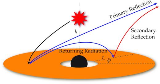 Schematic of the ray-tracing model around the black hole. The X-ray source is assumed to be an isotropically emitting point source located at height h on the rotation axis. Rays emitted from the source are traced, following the null geodesics in the Kerr space–time, until they reach locations (r, φ) the accretion disc in the equatorial plane, where they are reflected. The primary reflection may be observed directly, or reflected rays may return to the disc (the returning radiation) to produce the secondary reflection component.