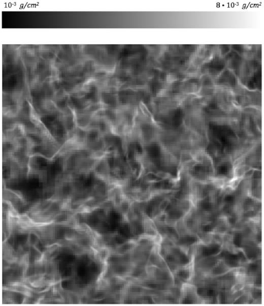 Projected density map along the z-axis for the simulation with the lowest n = 3.0013. Pixel intensity values are normalized to 1. The density to pixel intensity transformation is logarithmic. The generated image is 1000 × 1000 pixels in size, in one channel (grey-scale).