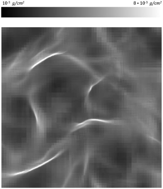 Projected density map along the z-axis for the simulation with the highest n = 4.4997. The colour map and resolution is the same as in Fig. 1.
