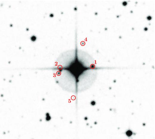 A $4 \times 4\,$arcmin2 image centred on V1200 Cen. The five stars shown by open red circles are located within the optimal aperture as defined in the Data Validation (DV) Report for V1200 Cen. For these five stars, the contribution to the total flux is very small (<0.1 per cent). There are three other stars (not outlined in the picture) that lie within the optimal aperture. However, even taking them into account, the flux excess due to contaminant stars will not be larger than about 0.2–0.3 per cent.