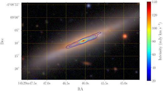 Zeroth moment map for GAMA593680 illustrated by colour-coded contours, drawn over an optical HSC (Hyper Suprime-Cam Subaru Strategic Program; Aihara et al. 2019) image (using bands g, r, and i) to allow a visual comparison of the extent of the CO(1→0) gas. The horizontal and vertical axes represent the RA and Dec directions, respectively.