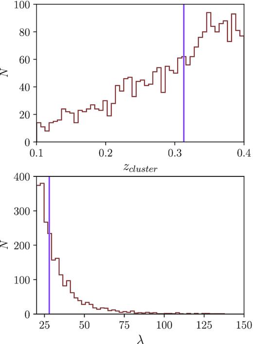 Distribution of redshifts (upper panel) and richness (lower panel) of the redMaPPer clusters used in this work. The vertical lines correspond to the median values of these parameters.