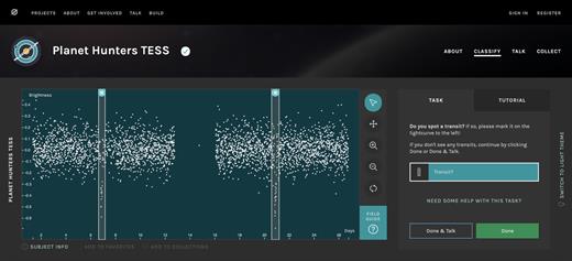 PHT user interface showing a simulated light curve. The transit events are highlighted with white partially transparent columns that are drawn on using the mouse. Stellar information on the target star is available by clicking on ‘subject info’ below the light curve.