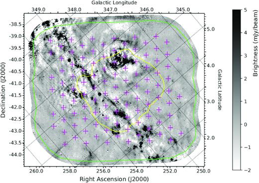 912 MHz mosaic of the scorpio region observed with ASKAP. The purple crosses indicate the beam centre positions for the three interleaved pointings. The green contour delimits the mosaic area considered for source catalogue extraction with the caesar source finder. The yellow contour denotes the scorpio region observed with the ATCA telescope at 2.1 GHz (see the text).