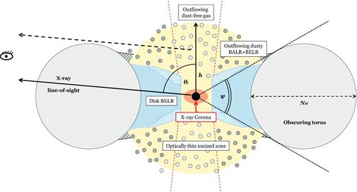 This diagram (not to scale) shows the preferred model picture for SDSSJ1652 adapted from Alexandroff et al. (2018) and combined with our best-fitting X-ray MYTorus model parameters described in Table 4. The reprocessed MYTorus model flux is shown in solid black line, and the scattered flux is in dashed line. This illustrates the cross-sectional view through obscuring torus. The model is inspired by Veilleux et al. (2016). The inner accretion disc is surrounded by a geometrically thick BELR accretion disc (in light blue), in which scattering of the dusty equatorial outflow that produces UV-polarization occurs higher in the dusty BALR and BELR. The torus (in grey) geometry is adapted from Murphy & Yaqoob (2009), which assumes a half-opening angle of ψ = 60° (equivalent to a covering factor of ΔΩ/4π = 0.5). The best-fitting MYTorus model suggest a highly inclined near edge-on geometry of θi = 85°. Our model describes the X-ray power-law continuum experiencing photoelectric absorption, Compton-scattering, and electron scattering from the warm/hot ionized region surrounding the central engine (in yellow).