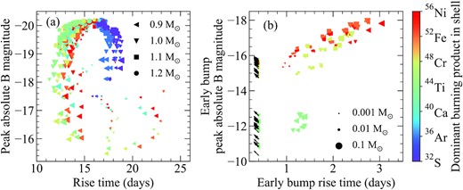 Panel a: Peak absolute B-band magnitudes against rise time to peak B-band magnitude. Panel b: Peak absolute B-band magnitudes of the early light-curve bump against time to reach the peak of the bump. We note that all models with IME-dominated shells and some models with high core masses do not show early bumps and therefore are neglected. For models in which the light curve is already declining at the start of our simulation (0.5 d), we consider these as upper limits and show them as black arrows. In both panels, each model is coloured based on the dominant element produced in the shell. The size of each point is proportional to the burned mass of the helium shell (i.e. the product of the shell mass and burned fraction), while the shape of each point denotes the mass of the core.