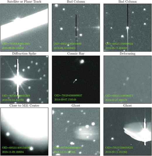 Cases of bogus detections found among the outliers. The outlier is located in the image centre. The size of the cutout showing a cosmic ray is 70 × 70 CCD pixels, for the others the image size is 100 × 100 CCD pixels.