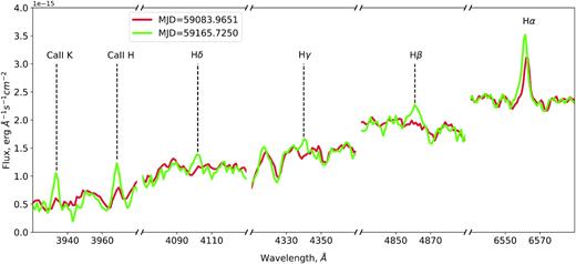 Ca ii H-K and Balmer series emissions on two spectra of 695211200019653 obtained with the 2.5-m telescope of CMO SAI MSU.