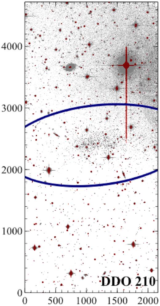 The central chip in the i band for DDO 210. The grey scale shows the integrated flux, scaled to highlight the brighter stars in the dwarf. The red regions are masked out when determining the integrated light profile. The blue ellipse shows the inner edge of the region used to determine the background in the integrated light. The relative inhomogeneity of the background as well as the presence of very bright stars is obvious and highlights the necessity of carefully selecting the background region.