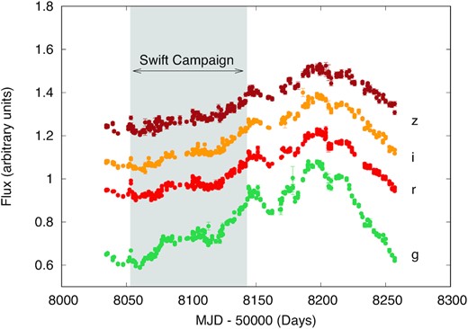 LCO + LT observations of Mrk 110 using griz filters. Light curves were computed with respect to their mean, and shifted vertically for clarity. The grey area shows the strictly simultaneous coverage with Swift observations.