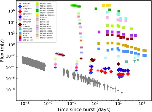 Multiband light curves of the afterglow of GRB 190114C from X-ray to the radio/mm bands. The solid symbols represent our data and the light shaded symbols represent the data from the literature.