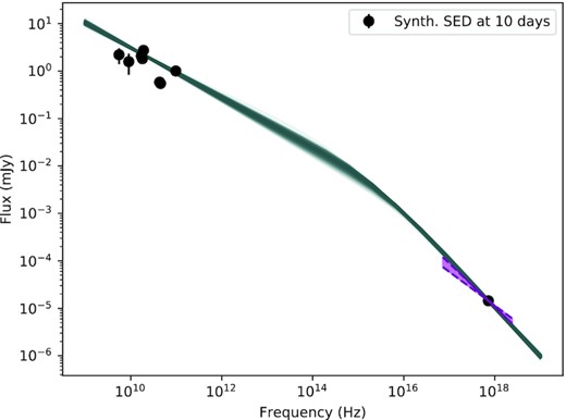 The synthesized radio-XRT spectrum at ∼10 d. The smooth double power-law model assumes νc = 3.1 × 1015 Hz and β1 = 0.52. The observed spectral index from XRT spectral repository is shown in purple.