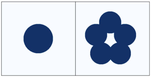 Projection of two different configurations of spheres where the one of the left is hollow. These configurations have Betti numbers βκ = (1, 0, 1) (left) and βκ = (1, 1, 0) (right), giving Euler characteristics χ = 2 and χ = 0, respectively.