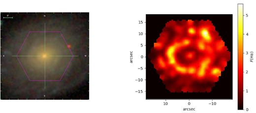 Left-hand panel: SDSS false colour image combining the gri bands of UGC 4805 taken from the MaNGA survey (Blanton et al. 2017). The IFU field of view is indicated in purple. Right-hand panel: Map of the H α flux (in units of 10−17 erg/cm2/spaxel).