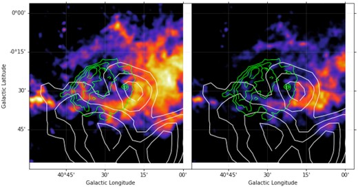 Maps of 12CO (left) and 13CO (right) emission in the MGRO J1908+06 region integrated between 58 and 62 km s−1. The white solid lines are the same as in Fig. 1, while the green contours are the continuum emission from SNR G40.5−0.5 at 1.4 GHz.