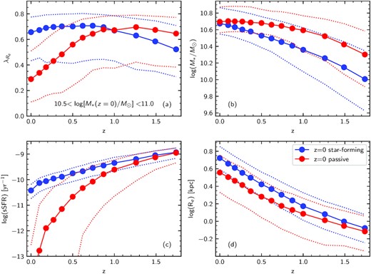 The median evolutionary tracks of galaxies selected from EAGLE to have 10.5 < log (M*/M⊙) ≤ 11 at z = 0. We separately show galaxies selected to be on the star-forming main sequence (blue points) and those that are passive (red points) at z = 0. Dotted lines in each panel show the 68th percentile range of values. We show the evolution for (panel a) $\lambda _{\rm {\it R}_{\rm e}}$ (intrinsic edge-on), (panel b) stellar mass, (panel c) sSFR, and (panel d) r-band half-light radius.