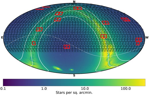 Mollweide projection in equatorial coordinates of the ZTF field coverage as a function of stellar density, using Gaia DR2 (Gaia Collaboration 2018). The black lines correspond to ZTF field boundaries, with the number contained corresponding to the field number. The solid white lines correspond to galactic latitude of −15, 0, and 15, while the dashed line corresponds to the ecliptic. We highlight the 20 fields in the initial catalogue release in red (van Roestel et al. 2021).