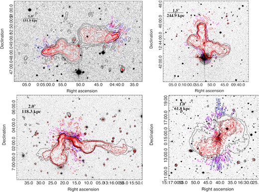 The images of our four sample sources: 4C 12.02 (top-left panel), 4C 12.03 (top-right panel), CGCG 044−046 (bottom-left panel), and CGCG 021−063 (bottom-right panel). The uGMRT and MeerKAT images have angular resolutions of ∼4 and 7 arcsec, respectively (see also Table 2). The radio contours of uGMRT and MeerKAT images are overlaid on the DSS-II (red band) optical images (in grey-scale). The red and black surface brightness contours, with magenta and blue being first negative surface brightness contours, correspond to uGMRT and MeerKAT images, respectively. The contour levels are rms$\times \, -$1, 1, 2, 4, etc., and increases by a factor of two. The bar in the top-left corner of each panel image depicts the physical scale for our sample source.