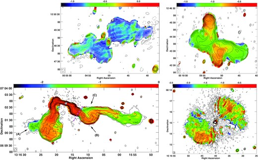 MeerKAT in-band spectral index images of our four sample sources, 4C 12.02 (top-left panel), 4C 12.03 (top-right panel), CGCG 044−046 (bottom-left panel), and CGCG 021−063 (bottom-right panel). The total intensity radio contours from the MeerKAT data are overlaid on it, with the lowest radio contour plotted is three times the local rms noise and increasing by factors of 2. We have also marked the three distinct regions of emission beyond the compact flat spectrum core, the inner jets all the way to the hotspots, the central part of the tails, and the terminating part of the tails for the CGCG 044–046 source. It highlights three different regions of emission beyond the compact flat spectrum core: (1) the inner jets all the way to the hotspots; (2) the central part of the tails, labelled as ‘B’ and ‘C’, and (3) the terminating part of the tails, labelled as ‘A’. This feature, ‘A’ is the end of the tail and is called as the eastern protrusion. Furthermore, the sharp transition from the central to the terminating part of the tail in the western radio emission is marked as dashed magenta line (see also Section 5.3).
