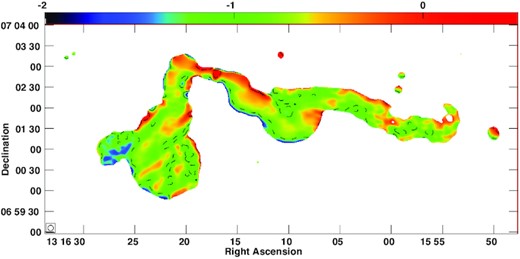Spectral index image using the uGMRT and MeerKAT for CGCG 044−046 radio galaxy. The radio contour plotted corresponds to a spectral index of −1.0.