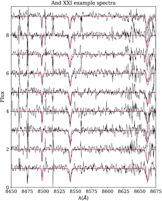 Continuum normalized spectra for a sample of And XXI member stars ($P_{\rm member}\gt 0.1)$ with ${\rm S/N}\gt 5$ per pixel. The red line represents the fit to the three Ca ii lines.