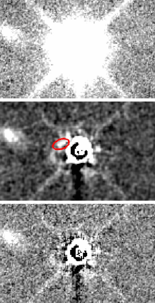 Tentative detection of the counterpart associated with the DLA towards Q 0338−0005. The panels show from top to bottom: a zoom-in of the quasar; the image after subtraction of the qPSF; and the residuals after simultaneously fitting the qPSF and the tentative counterpart. The location of the tentative counterpart is shown by the red ellipse in the middle panel. Note that the panels display the native image axes.