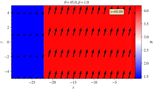 The shock profile for θ = 45 deg, β = 1 at t = 60 showing the magnetic field. The arrows indicate the orientation of the field.