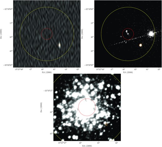 The 10 GHz VLA image (top left), the 0.3–10 keV Chandra image (top right), and the V filter Gemini image (bottom) of NGC 6652B and the surrounding field. NGC 6652B is highlighted by the orange circle. The red and yellow circles indicate the core and half-light radii of the cluster NGC 6652, respectively.