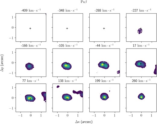 Pa β channel maps. The velocity is shown in top of each panel and the black cross marks the nucleus of the galaxy.
