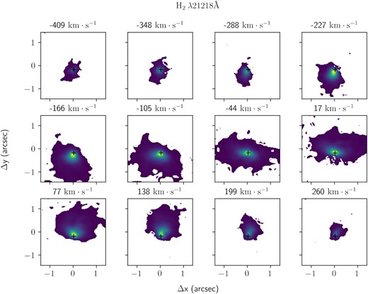 Same as in Fig. 7 for the $\mathrm{H_2\, \lambda 21\,218}$ Å emission line.