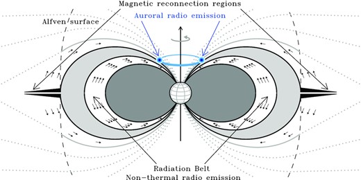Schematic representation of the radio emission sites within a dipole-dominated magnetosphere of a typical early-type magnetic star. For this picture the field and rotation axes are assumed the same. The location of the radiation belt is highlighted by the white magnetic shell, with small arrows indicating the relativistic electrons. This region is the dominant source of the non-thermal stellar radio emission, and is located inside the inner magnetosphere. The cartoon is purely an idealization; the radiation belt and the Alvén surface are arbitrarily located. The Alfvén surface is far from the star (dashed line). Outside this surface the magnetic field lines are open (dotted lines). Magnetic reconnection events take place within the equatorial magneto-disc (dark region), with consequent production of fast-electrons, which, like the case of Jupiter, trigger the coherent and strongly beamed ARE (blue spots on the blue auroral ring).