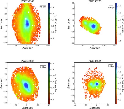 Spatially resolved SFR for PGC 32543, PGC 35225, PGC 36686, and PGC 44685, respectively. The physical scale corresponding to each arcsec is marked in the upper right corner of each panel.