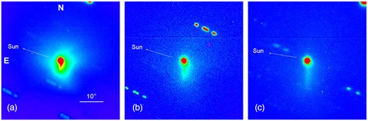 Outburst observed in 2016 with FORS2 at VLT (R band). A: 2016 September 12, B: 2016 September 22, C: 2016 October 4. At that geocentric distance 10 arcsec represents about 39 000 km.