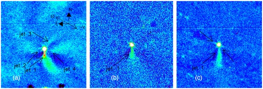 The coadded R-images of 174P/Echeclus enhanced with the Larson-Sekanina digital filter A: obtained on 2016 Sept. 12; B: on 2016 Sept. 22; and C: on 2016 Oct. 4. The arrows indicate four jet-like features, two spurious features are also marked with arrows in the right panel.