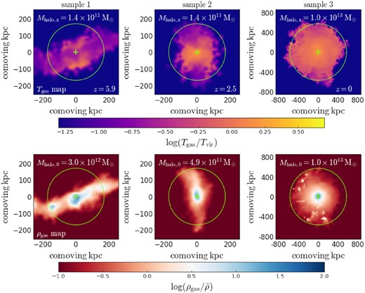 Projected gas temperature (upper row) and density (lower row) maps for three example haloes from the three halo samples defined in Section 3.1.1. The colour scales are given at the bottom of corresponding rows. Each column is for a given example halo, with the sample name, selection redshift, halo mass at that redshift (Mhalo,z) and z = 0 descendant halo mass (Mhalo,0) given in the corresponding column. In each panel, the green cross indicates the halo centre, while the green circle shows the virial radius calculated using the Dhalo mass of the corresponding halo. The gas in haloes from sample 1 and sample 2 is clearly filamentary and cold (Tgas < Tvir). The halo from sample 3 shows a roughly spherical hot gas halo with temperature around Tvir.
