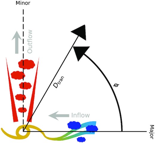 A schematic diagram of how the galaxy azimuthal angle (ϕ) is defined in this work and how it might be related to the origin and kinematics of gas in the CGM under common assumptions of a bi-conical outflow with accretion along the disc plane. Suppose that we are viewing a galaxy projected on the sky in this diagram, naively, one would expect to see inflow aligning with the projected galaxy major axis and outflow aligning with the minor axis. Impact parameter, Dtran, is defined as the projected distance from the centre of the galaxy. The galaxy azimuthal angle, ϕ, is defined as the projected angle on the sky with respect to the centre of the galaxy and starts from the projected galaxy major axis.