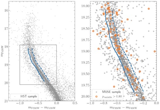 Left-hand panel: CMD of NGC 1850, generated from the HST photometry discussed in Section 2. Blue lines indicate the colours used to separate blue and red main sequence stars (solid) as well as red main sequence stars and the photometric binaries (dashed). A zoom into the area highlighted by a black square is shown in the right panel. Right-hand panel: Distribution of stars with detected radial velocity variability across the split main sequences of NGC 1850. The entire MUSE sample is shown as light grey dots. Stars with high probabilities of being variable are highlighted with orange circles. Blue lines are the same as in the left-hand panel.