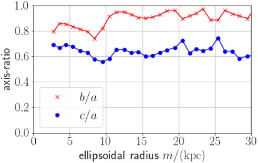 The minor-to-major axial ratio (c/a) and the intermediate-to-major axial ratio (b/a) as a function of the ellipsoidal radius m from the centre of m12m galaxy. We see that the inner part ($m\lt 8\, \mathrm{kpc}$) of the DM halo is triaxial, while it becomes nearly axisymmetric at $m\gt 12 \, \mathrm{kpc}$.