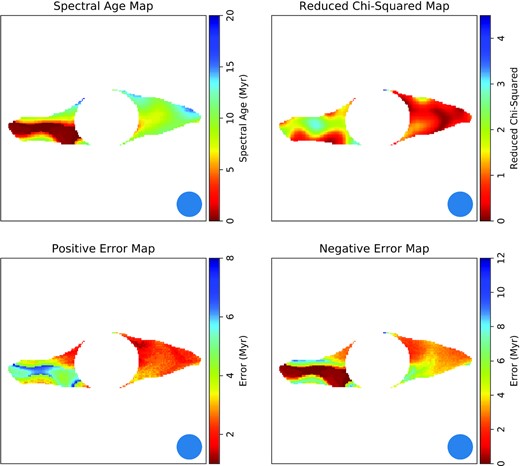 Results of the spectral fitting for ILT J124627.85+520222.1. Top left-hand shows the spectral age map and top right-hand shows the reduced χ2 for the spectral age map. Bottom left- and right-hand images show the positive and negative errors for the spectral age map.