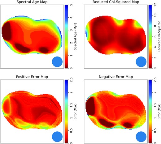 Results of the spectral fitting for ILT J145604.90+472712.1. Top left-hand shows the spectral age map and top right-hand shows the reduced χ2 for the spectral age map. Bottom left- and right-hand images show the positive and negative errors for the spectral age map.