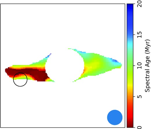 Spectral age map for ILT J124627.85+520222.1 with the position of the background galaxy on the eastern lobe marked by the black circle.