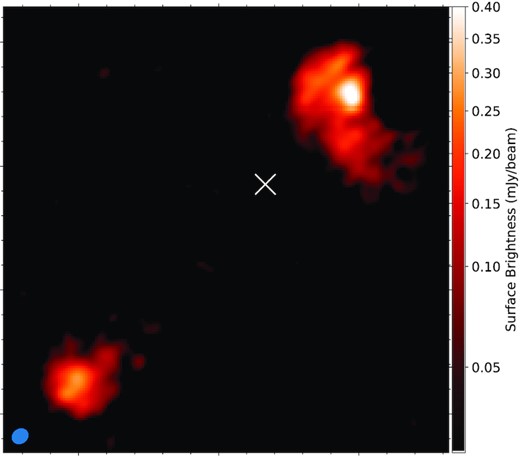 The source ILT J112543.06+553112.4 as imaged by the VLA in B-configuration. The rms is 0.012 mJy beam−1, the VLA beam is shown in the bottom left-hand and the position of the optical host is indicated by the white cross. A bright hotspot can be seen in the north-west with a fainter hotspot visible in the south-east lobe.